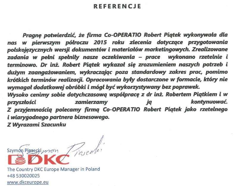 List referencyjny od DKC Europe