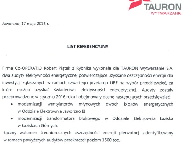 List referencyjny Tauron Wytwarzanie - czwarty przetarg na białe certyfikaty