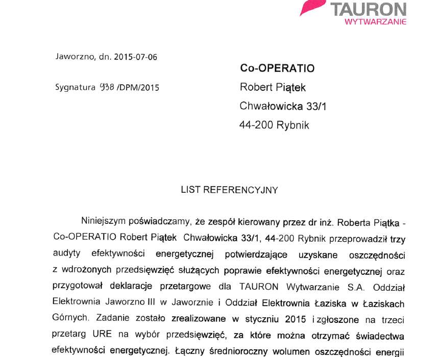 List referencyjny Tauron Wytwarzanie - przetarg na białe certyfikaty